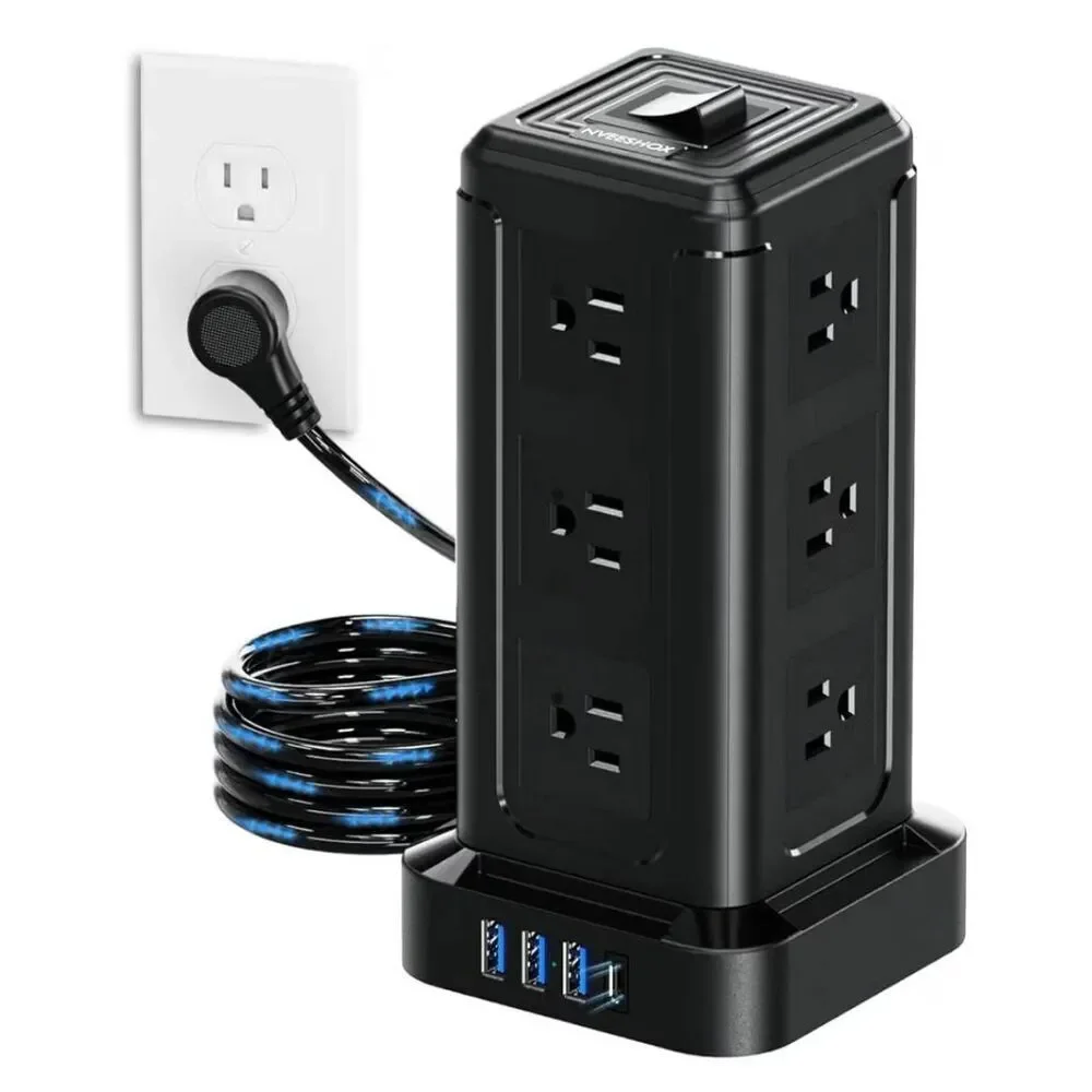 Surge Protector Power Strip Tower, 10 FT Flat Plug Extension Cord with 12 AC Out